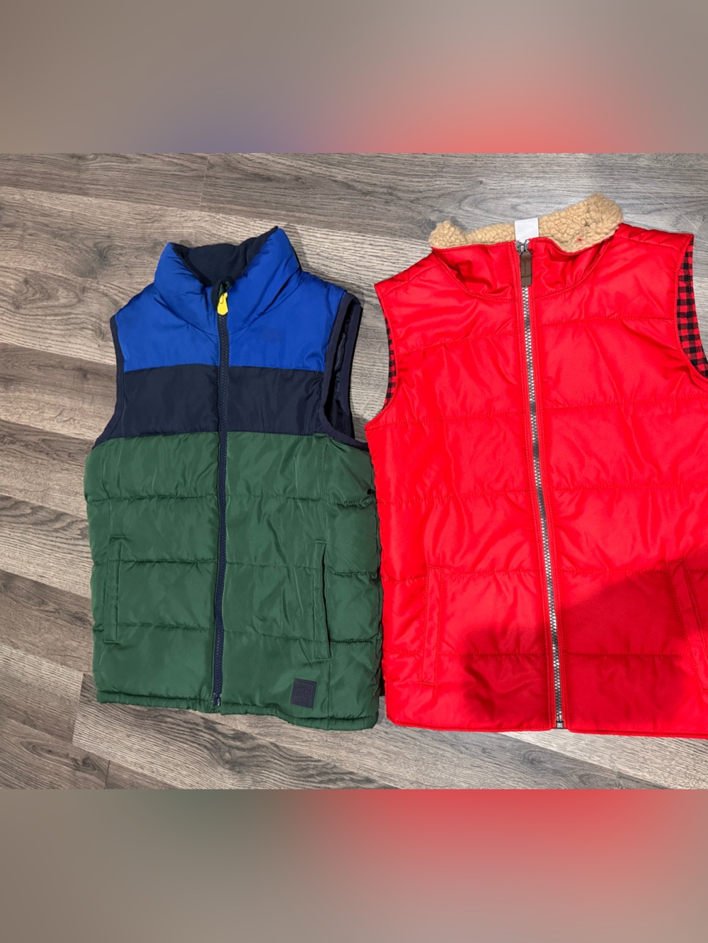 GAP Kids Colorblock Navy Blue Green Puffer Vest & GAP Red Quilted Vest